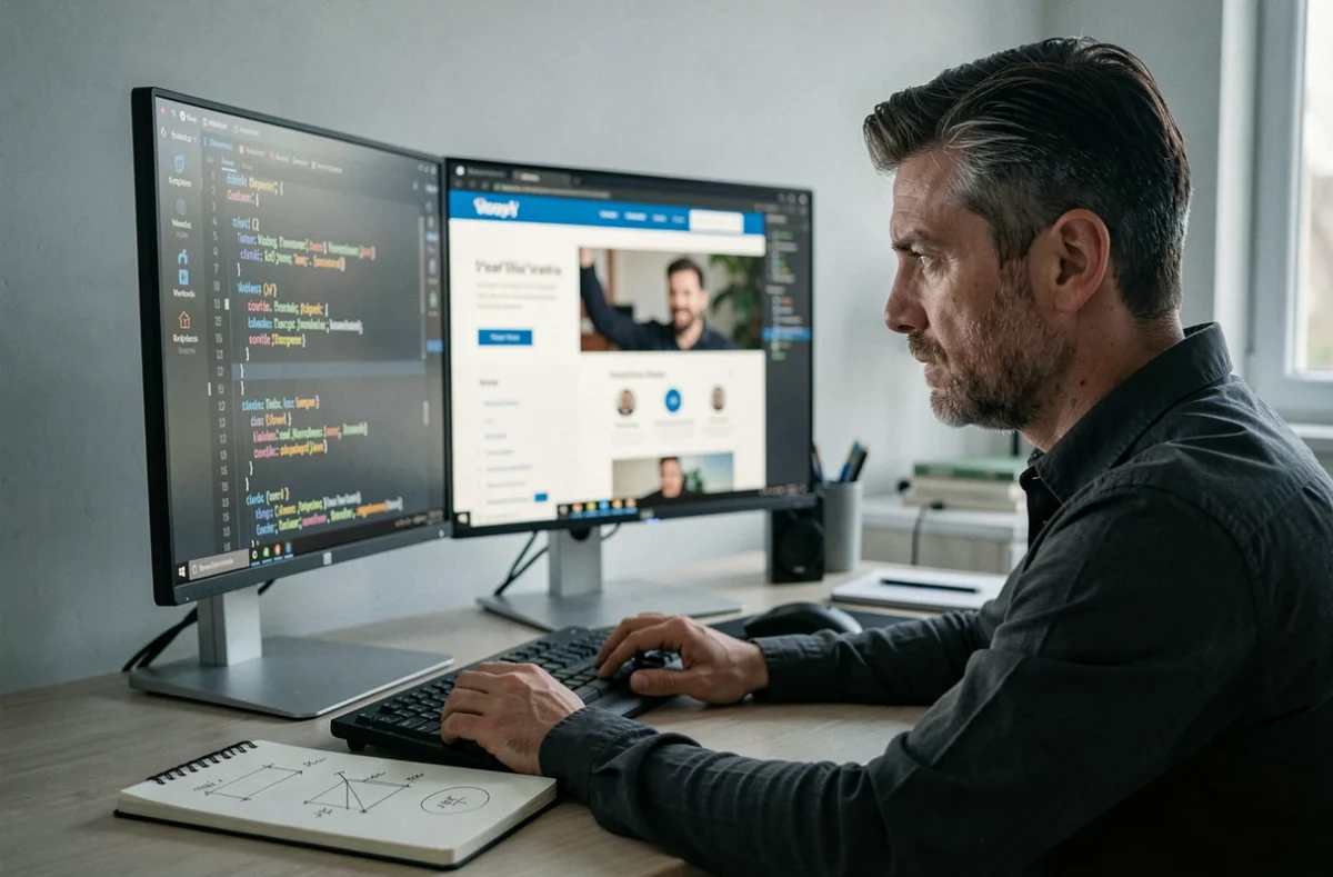 Développeur de l'agence 15.100.17 concentré sur du code WordPress dans un bureau minimaliste