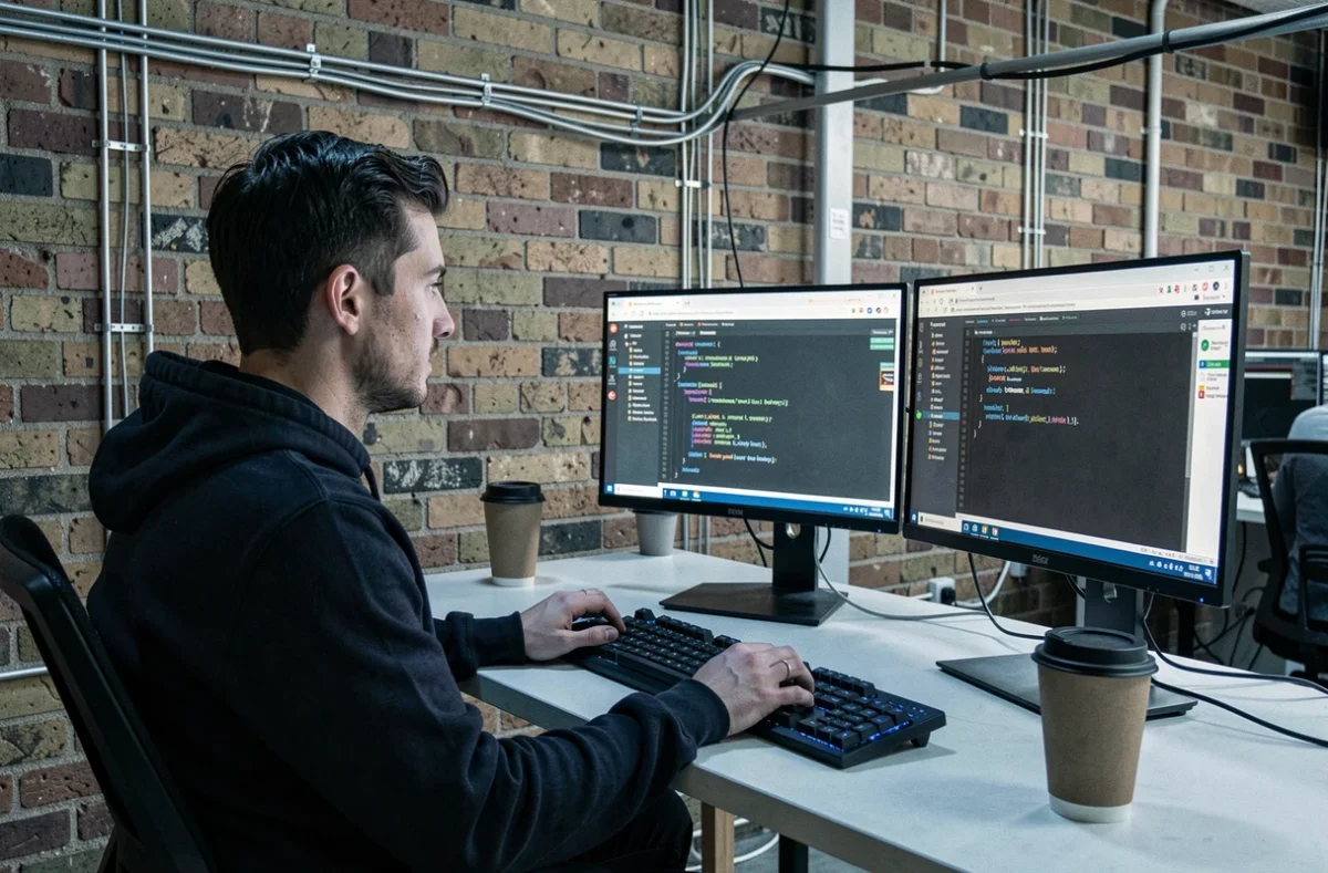 Développeur de 3W64 travaillant sur plusieurs écrans avec code et terminal dans un bureau co-working moderne