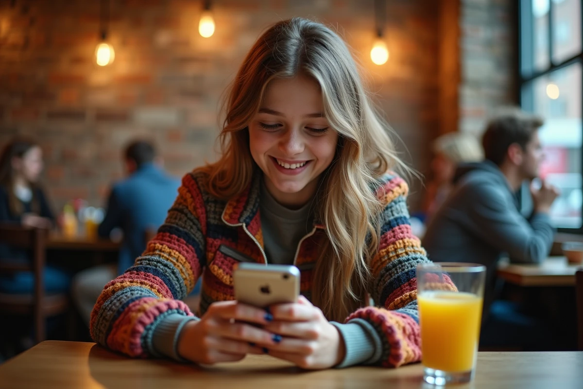 Adolescente dans un café regardant son iPhone afficher une animation de rotation grâce au Do a Barrel Roll