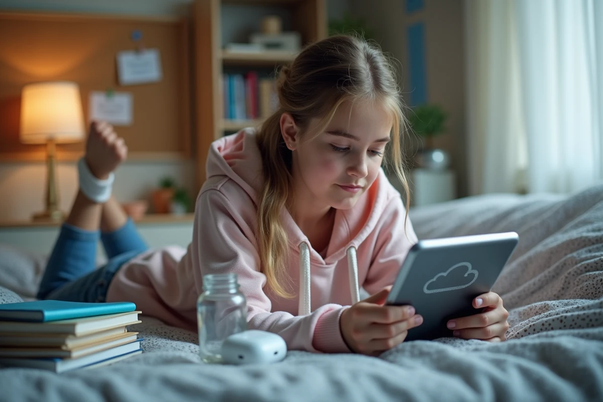 Adolescente utilisant une tablette pour visualiser des tailles de fichiers en gigaoctets dans sa chambre d'étudiante