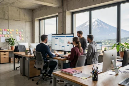 Équipe d'une agence de développement web dans le Puy-de-Dôme travaillant ensemble autour d'écrans affichant des maquettes de sites internet