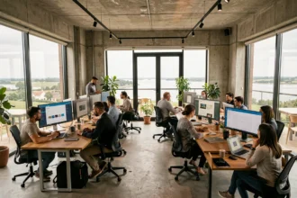 Vue d'ensemble d'une agence web moderne en Seine-Maritime avec des équipes travaillant sur des projets WordPress