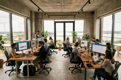 Vue d'ensemble d'une agence web moderne en Seine-Maritime avec des équipes travaillant sur des projets WordPress