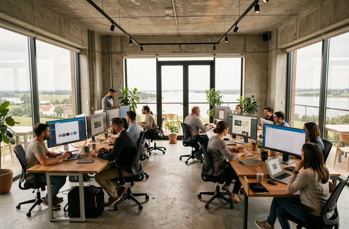 Vue d'ensemble d'une agence web moderne en Seine-Maritime avec des équipes travaillant sur des projets WordPress
