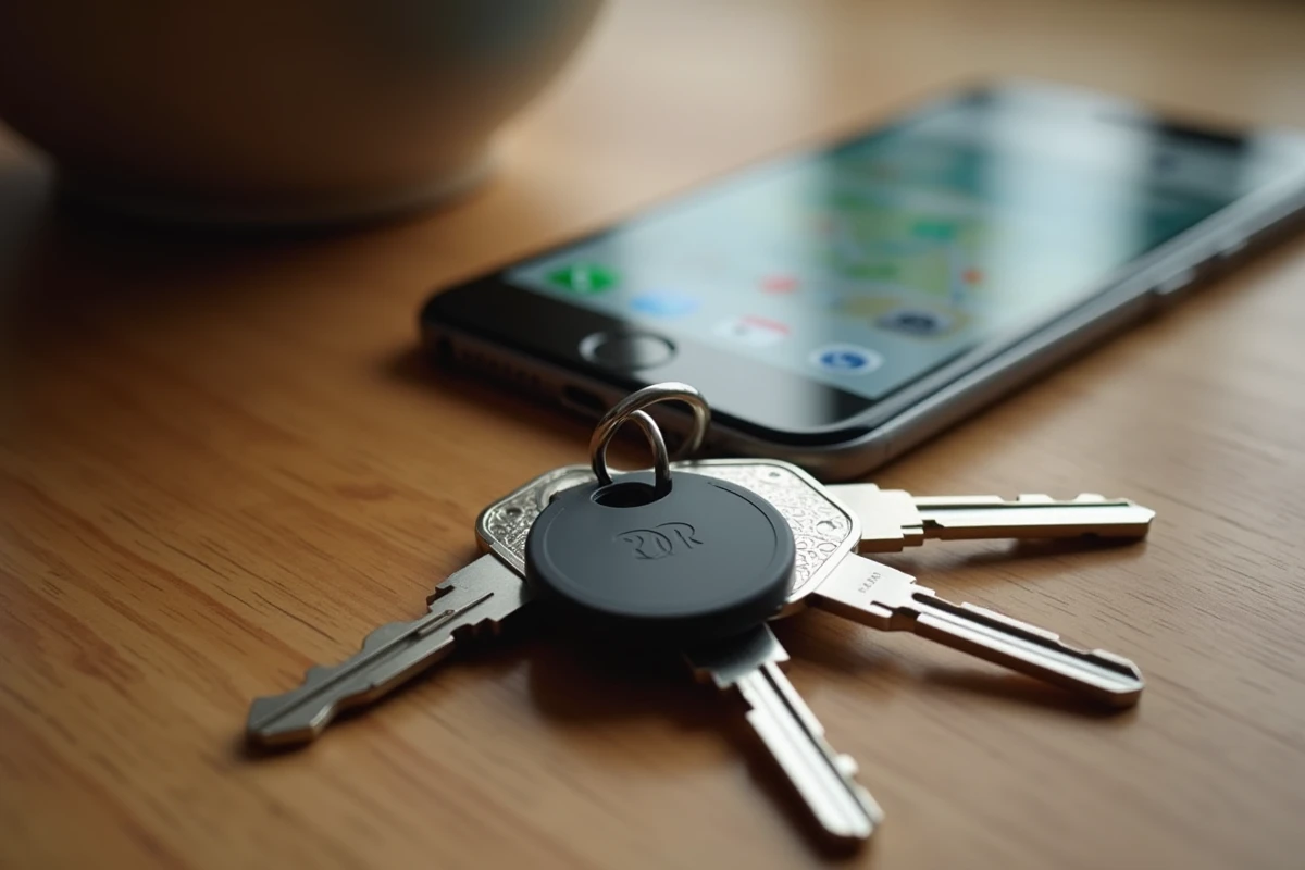 AirTag Apple posé sur des clés de maison avec une alerte de localisation visible sur iPhone en arrière-plan