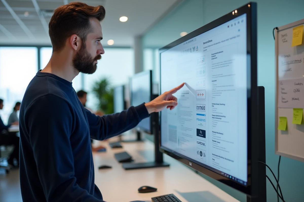 Développeur ou designer UX analysant une bibliothèque de composants GUI sur grand écran tactile dans un bureau moderne