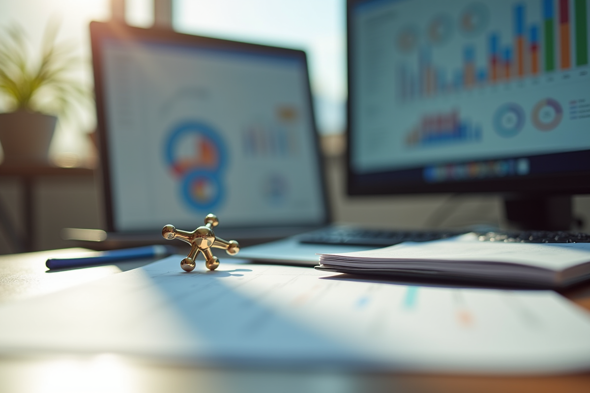 Professionnel SEO analysant des graphiques avec un tourneur à côté