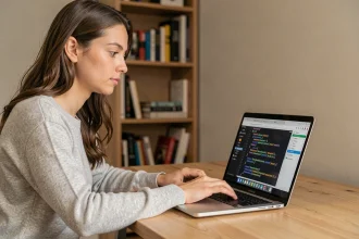 Femme développeuse web analysant la longueur des balises meta SEO sur son ordinateur portable dans un bureau moderne