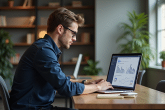 Jeune homme analysant des données web sur un ordinateur