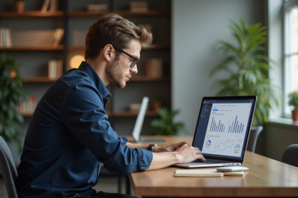 Jeune homme analysant des données web sur un ordinateur