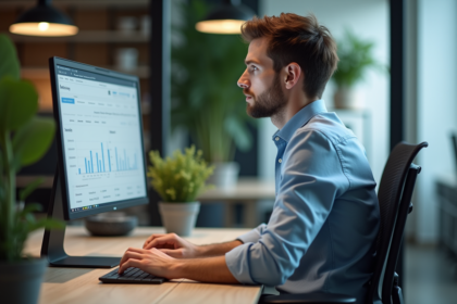 Jeune homme au bureau surveillant des analyses web