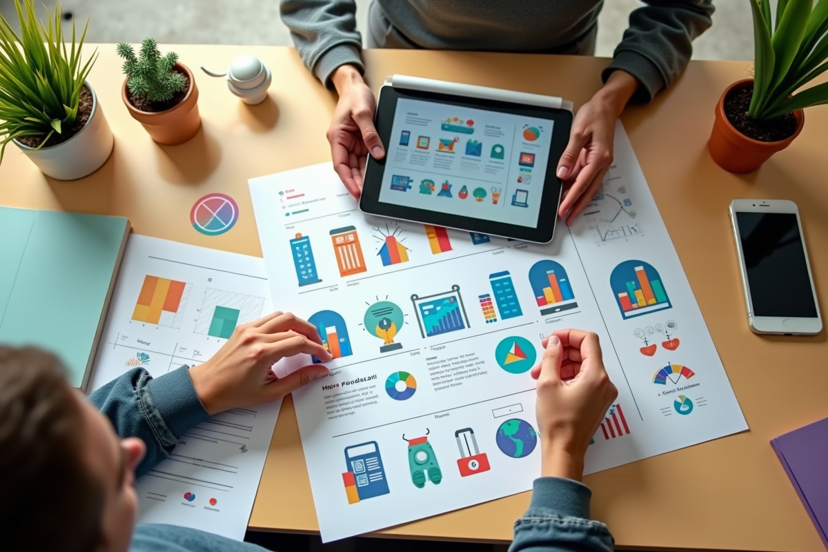 Mains assemblant un design de site web avec tablette et papiers colorés