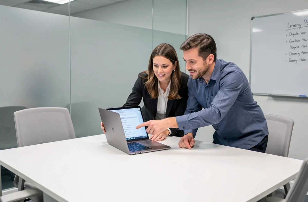 Deux collègues consultant ensemble les paramètres de sécurité d'un webmail professionnel en salle de réunion