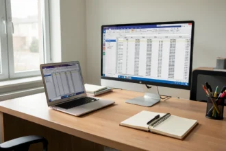 Bureau avec ordinateur portable et écran affichant un tableur