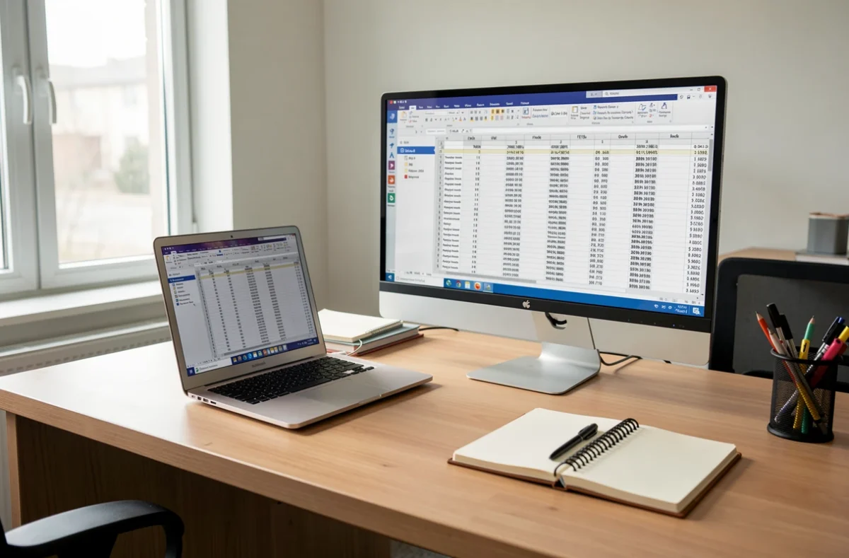 Bureau avec ordinateur portable et écran affichant un tableur