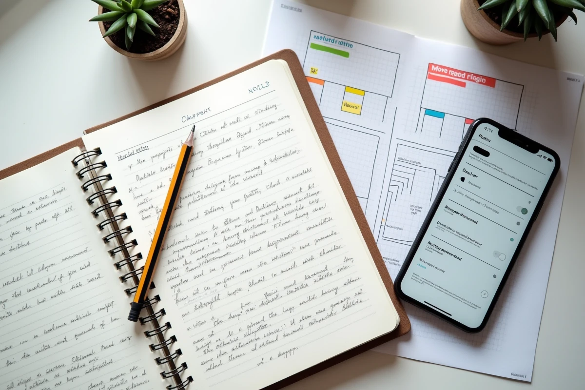 Vue de dessus d'un bureau d'écrivain avec manuscrit annoté, plan de roman et application compteur de mots sur smartphone