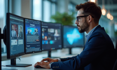 Professionnel au bureau moderne avec écrans affichant réseaux sociaux