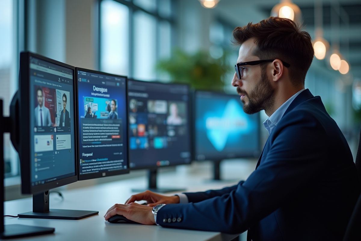 Professionnel au bureau moderne avec écrans affichant réseaux sociaux