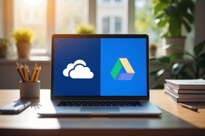 Bureau moderne avec écran partagé entre OneDrive et Google Drive