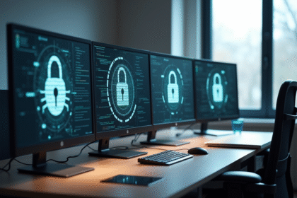 Bureau moderne avec quatre écrans montrant des icônes de vulnérabilités