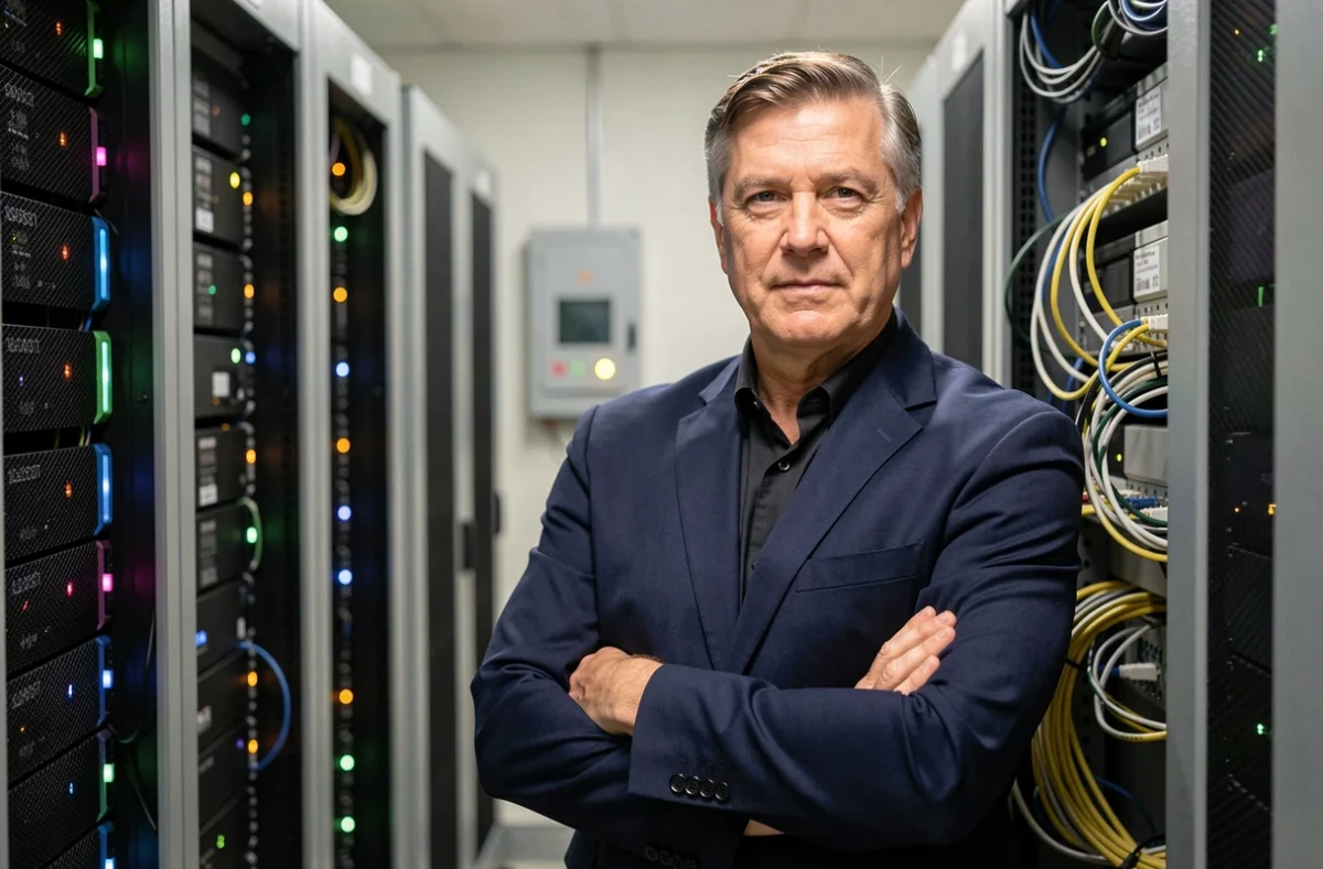 Professionnel expérimenté de CBM Informatique posant devant une baie de serveurs dans une salle informatique locale
