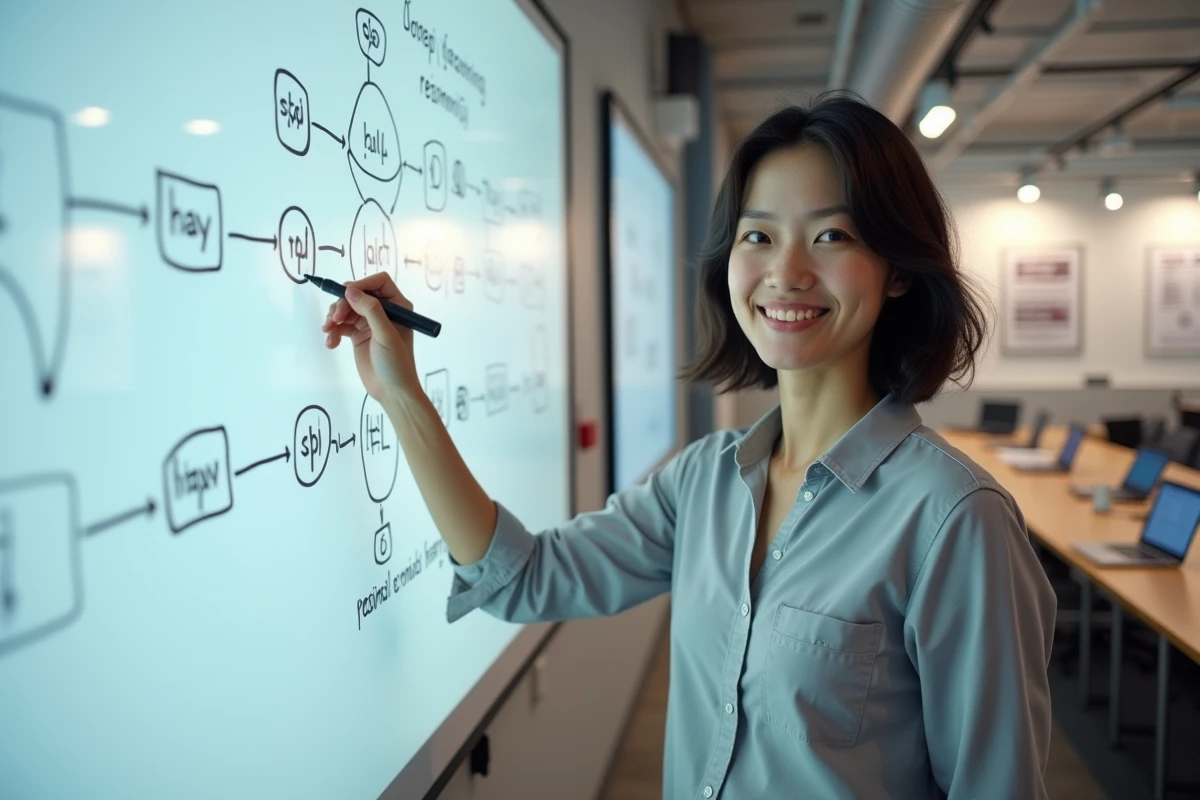 Chercheuse en deep learning expliquant les connexions résiduelles d'un modèle ResNet sur un tableau blanc dans un laboratoire universitaire