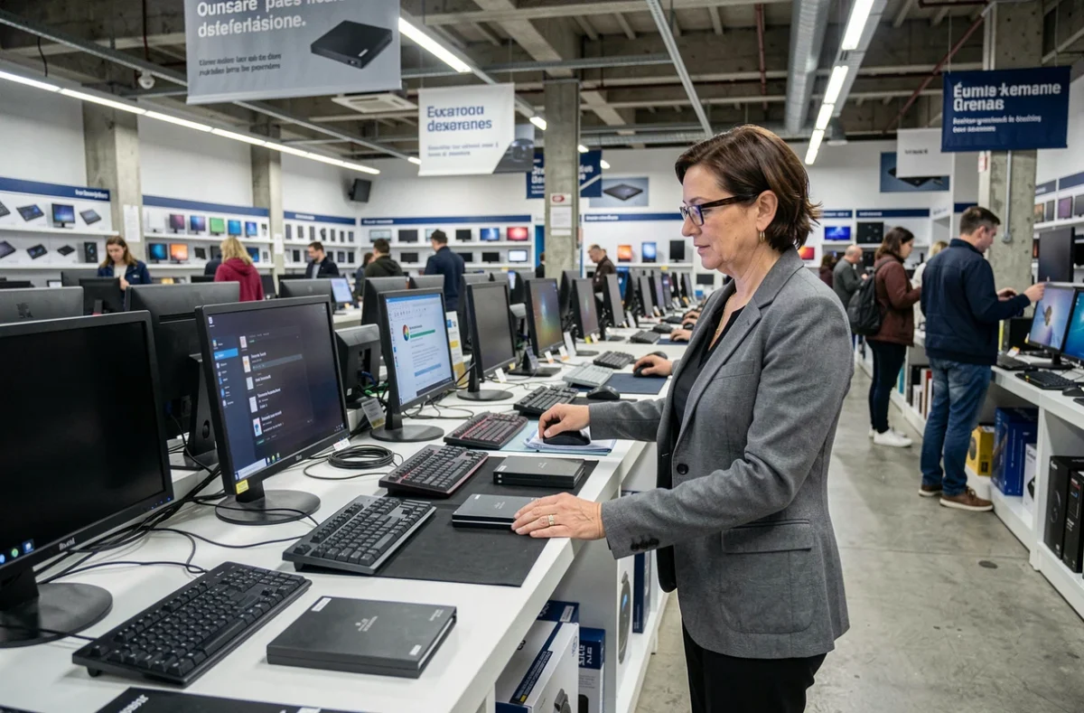 Cliente examinant des ordinateurs et accessoires informatiques dans un grand magasin spécialisé dans le Nord de la France