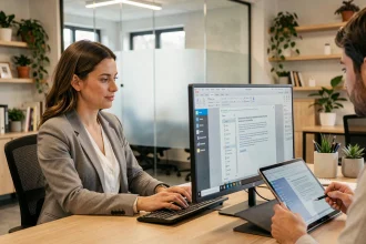 Deux collègues collaborant sur l'insertion d'une photo dans un PDF partagé depuis un bureau en open space