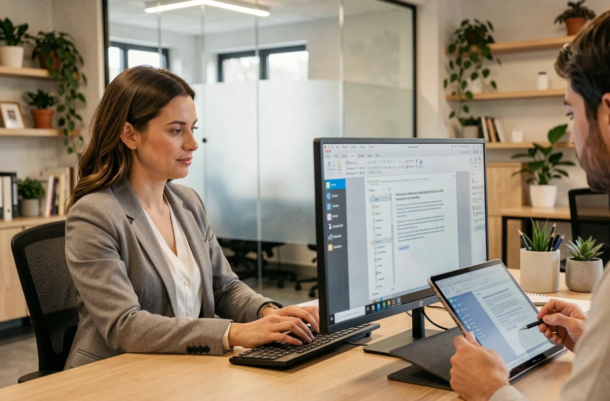 Deux collègues collaborant sur l'insertion d'une photo dans un PDF partagé depuis un bureau en open space