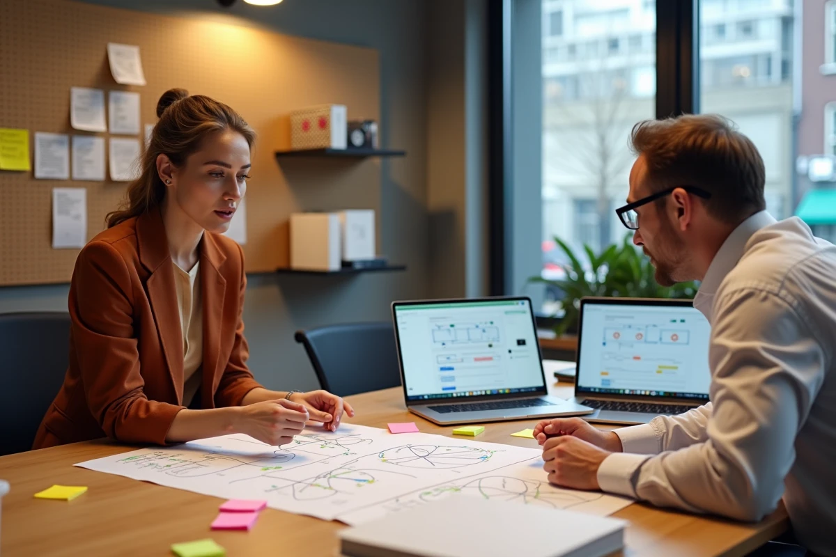 Deux professionnels collaborant autour de diagrammes UX et de prototypes d'interface GUI lors d'une réunion de conception