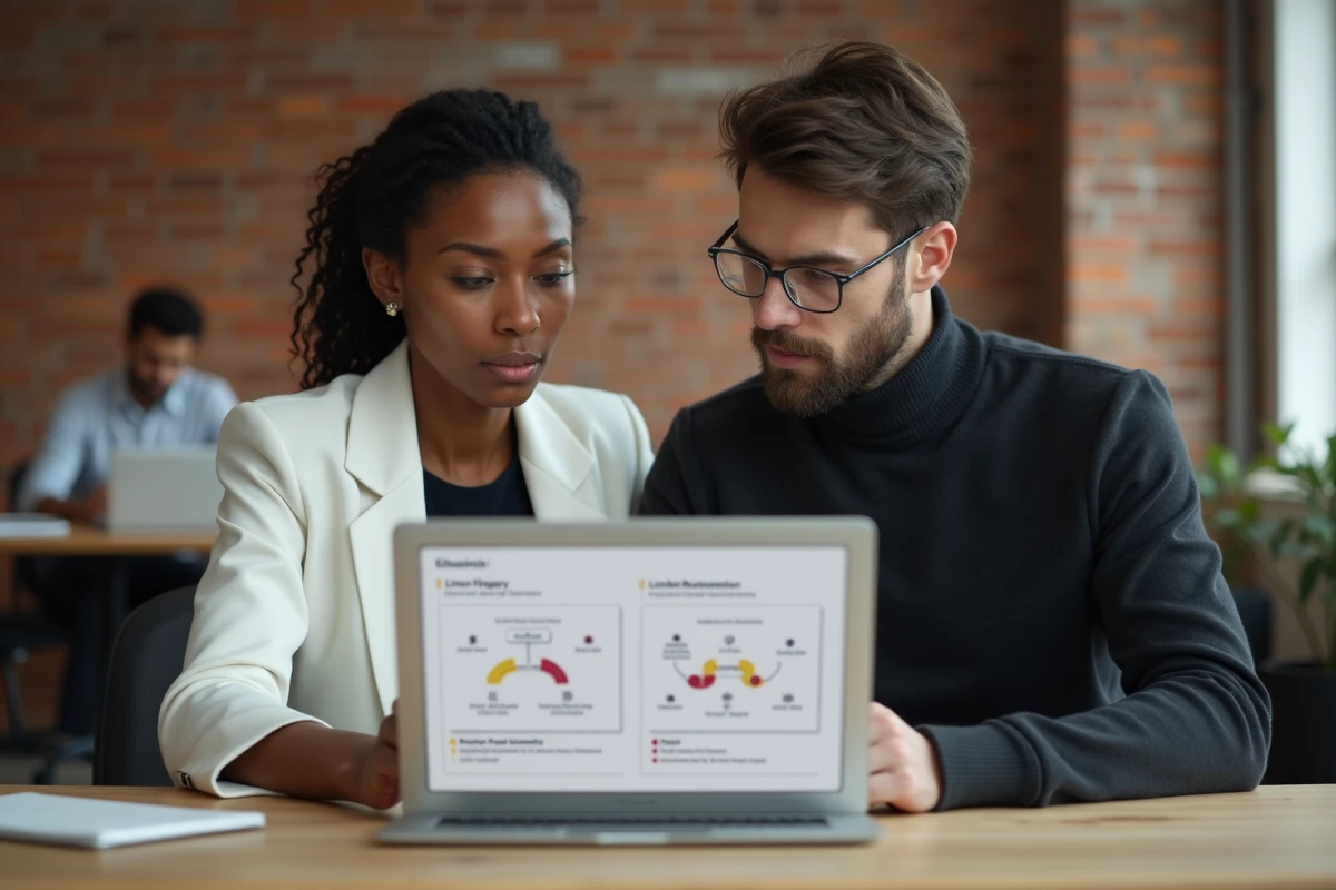 Deux collègues analysant un schéma de redirection de liens et de sécurité des URL sur un ordinateur portable dans un espace de coworking