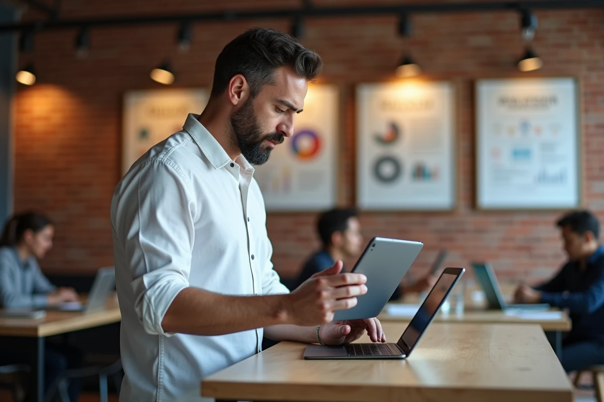 Homme comparant deux interfaces d'applications web sur des tablettes dans un espace de coworking