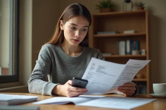 Femme comparant des fiches techniques de stockage smartphone 64 Go en gigaoctets à son bureau