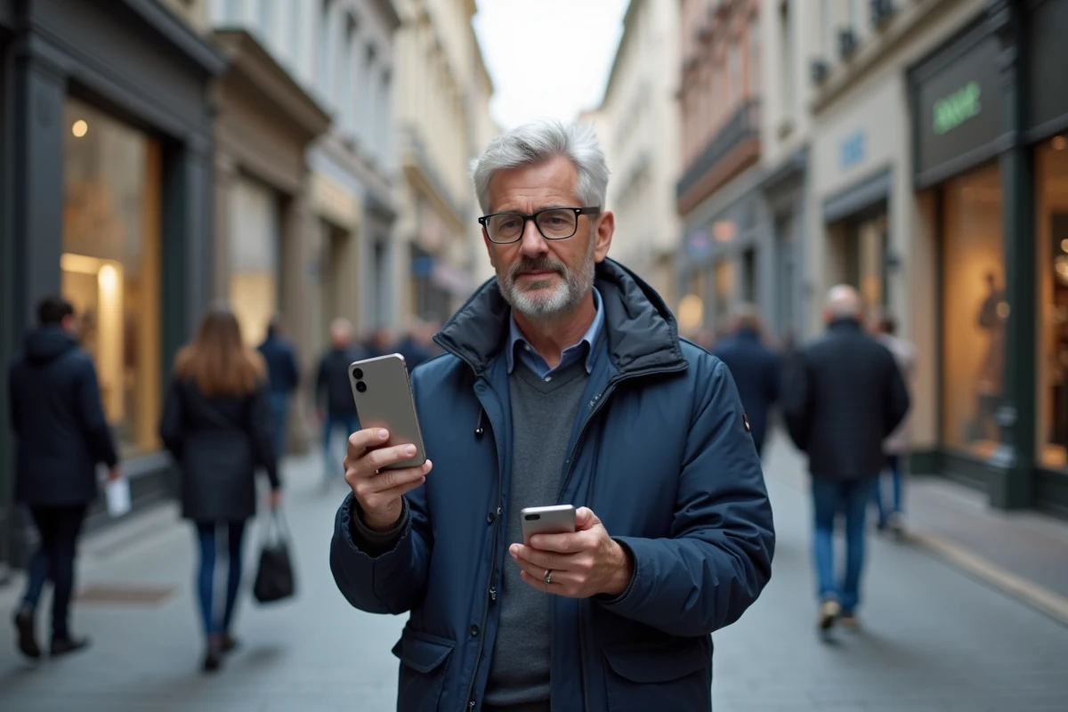Homme comparant un iPhone SE avec un grand smartphone moderne dans une rue urbaine animée