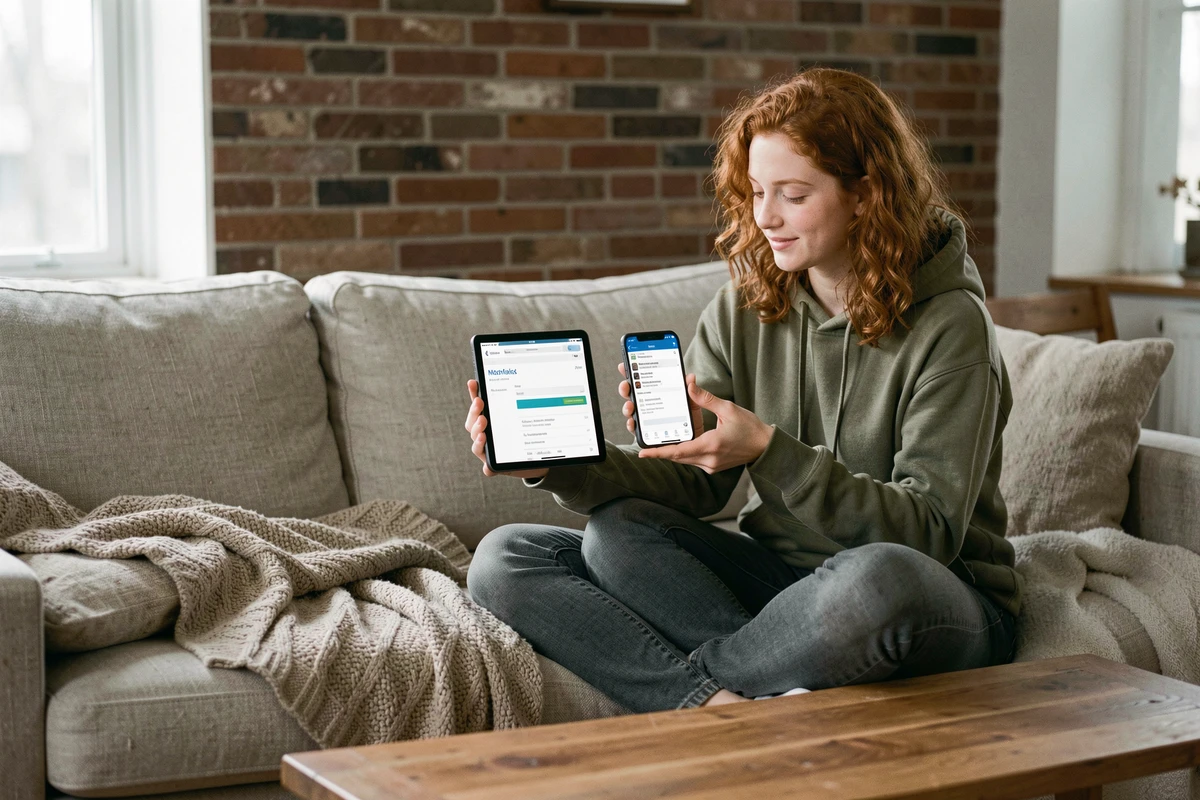 Jeune femme comparant le webmail Orange et l'application Mail Orange sur tablette et smartphone dans un salon cosy