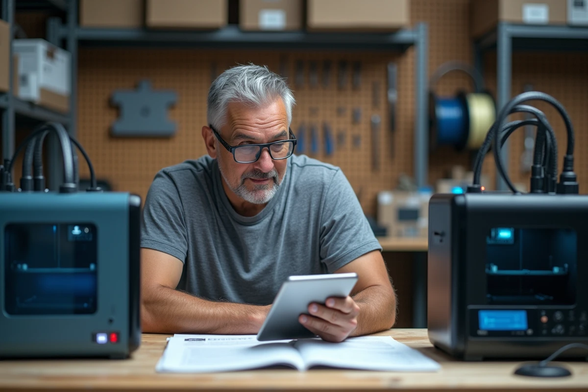 Technicien comparant deux imprimantes 3D professionnelles à petit budget sur un établi d'atelier avec fiches techniques