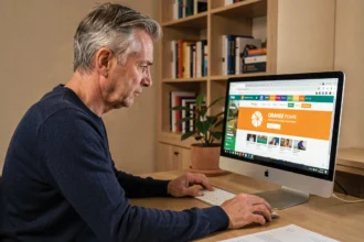 Homme configurant la page d'accueil du portail Orange sur un ordinateur de bureau dans un bureau à domicile moderne