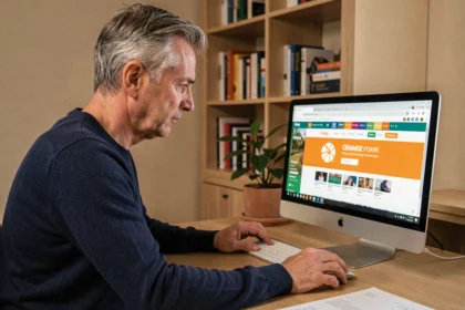 Homme configurant la page d'accueil du portail Orange sur un ordinateur de bureau dans un bureau à domicile moderne