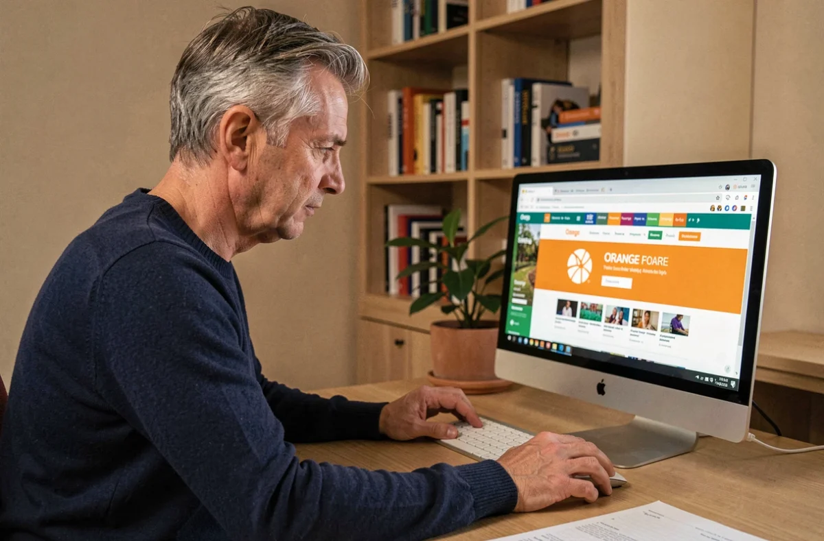 Homme configurant la page d'accueil du portail Orange sur un ordinateur de bureau dans un bureau à domicile moderne