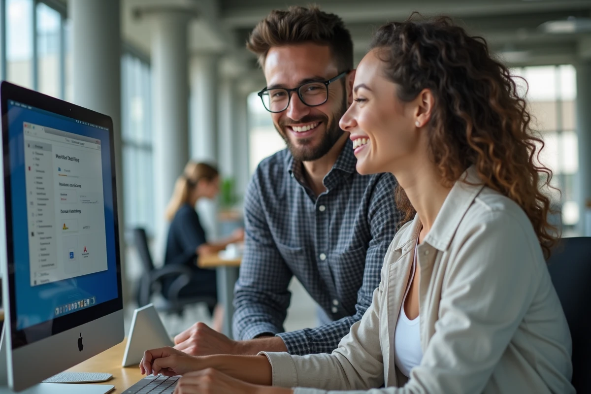 Deux collègues consultant ensemble le paramétrage du webmail Créteil sur un ordinateur de bureau en open space
