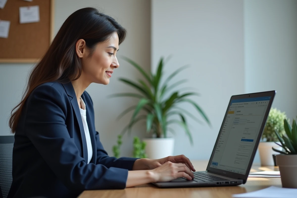 Femme professionnelle configurant un compte webmail Créteil sur Outlook depuis un bureau moderne