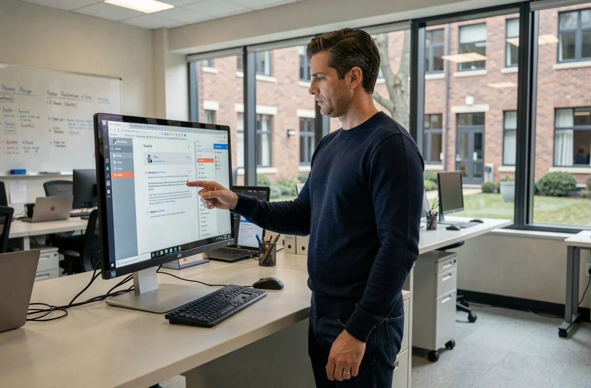 Homme consultant sa messagerie académique convergente sur un écran d'ordinateur dans un espace de travail universitaire moderne