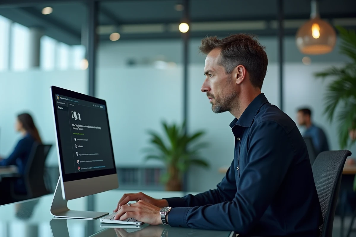 Homme en entreprise sécurisant la conversion de fichiers vidéo MP4 sur un grand écran de bureau