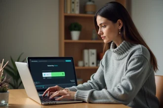 Femme convertissant une vidéo en MP4 sur un ordinateur portable dans un bureau à domicile sécurisé