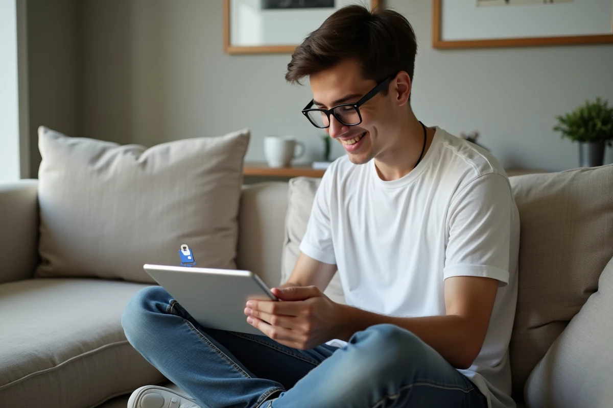 Jeune adulte utilisant une tablette pour convertir une vidéo en MP4 de façon sécurisée depuis son salon