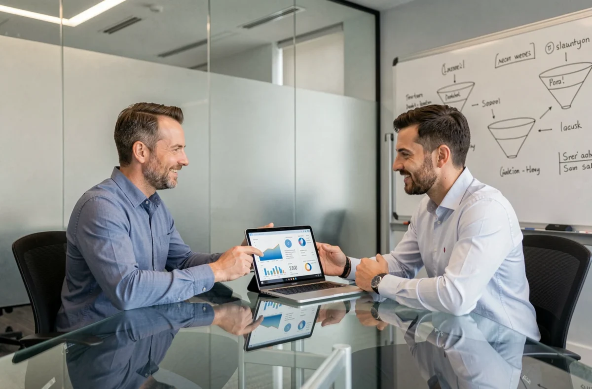 Deux consultants de Coo2boost analysant une stratégie de croissance digitale autour d'une tablette