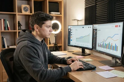 Créateur de contenu YouTube analysant les statistiques de sa chaîne sur un écran d'ordinateur dans un studio à domicile