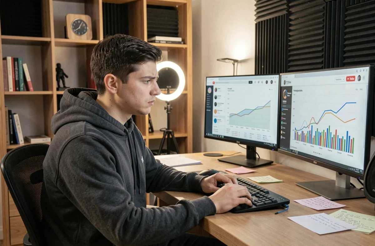 Créateur de contenu YouTube analysant les statistiques de sa chaîne sur un écran d'ordinateur dans un studio à domicile