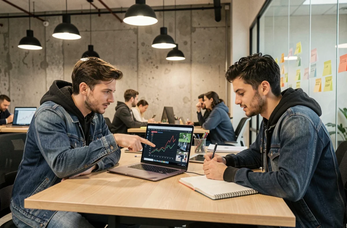 Deux créateurs YouTube collaborant sur une stratégie de croissance de chaîne dans un espace de coworking moderne