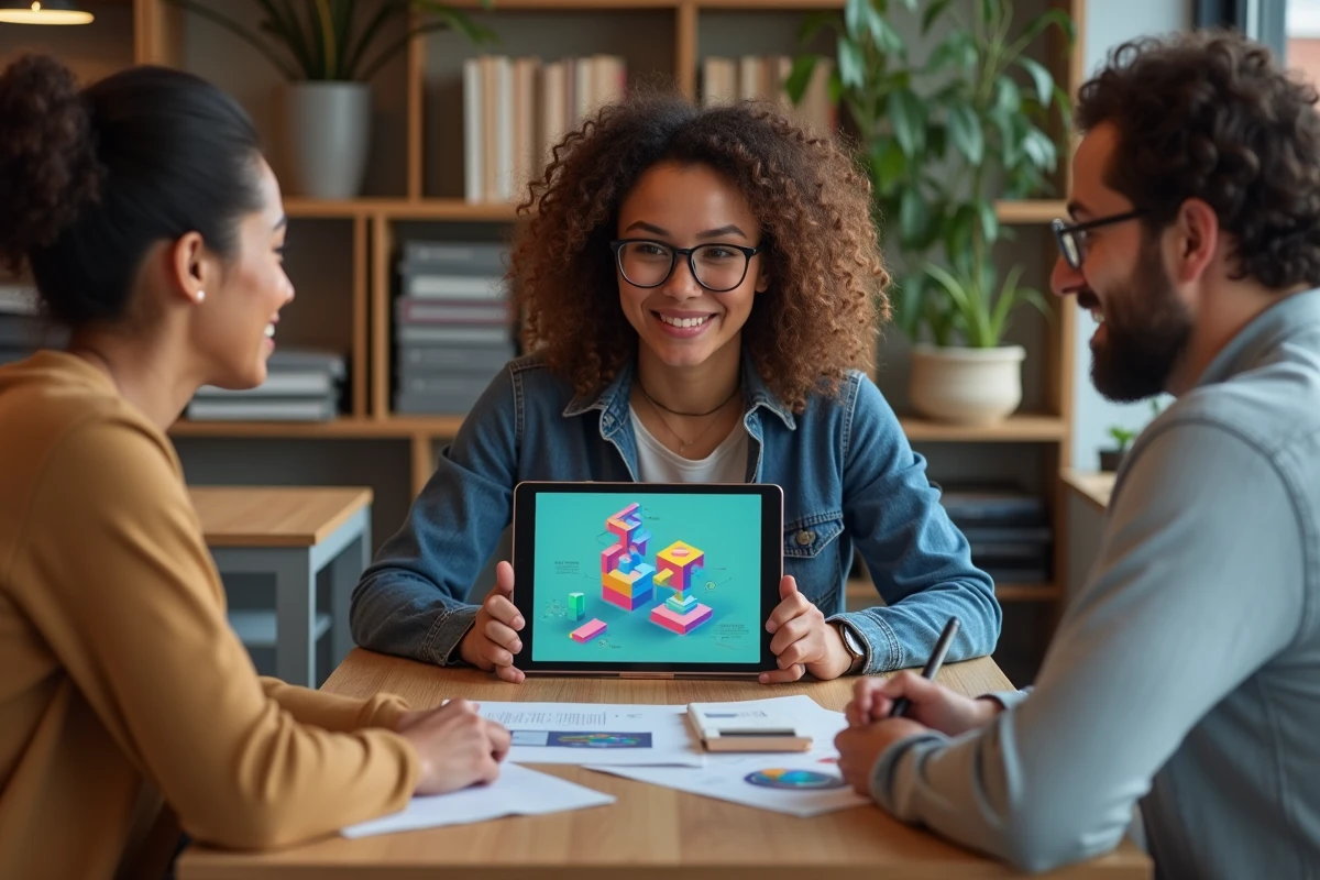 Créatrice avec collègue partageant un projet 3D sur une tablette